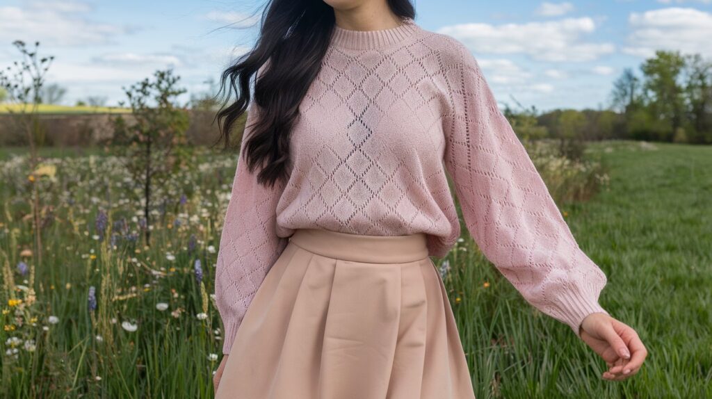 A woman with long, dark hair is wearing a spring outfit. She is wearing a light pink sweater with a knitted pattern and a beige skirt. The sweater has a high neck and long sleeves. The skirt has a subtle pleating detail. The woman is standing in a lush, green field with wildflowers. The sky is clear with a few clouds.