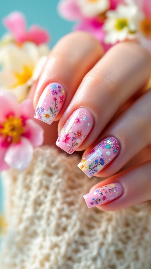 Nail design with floral patterns and glitter for spring