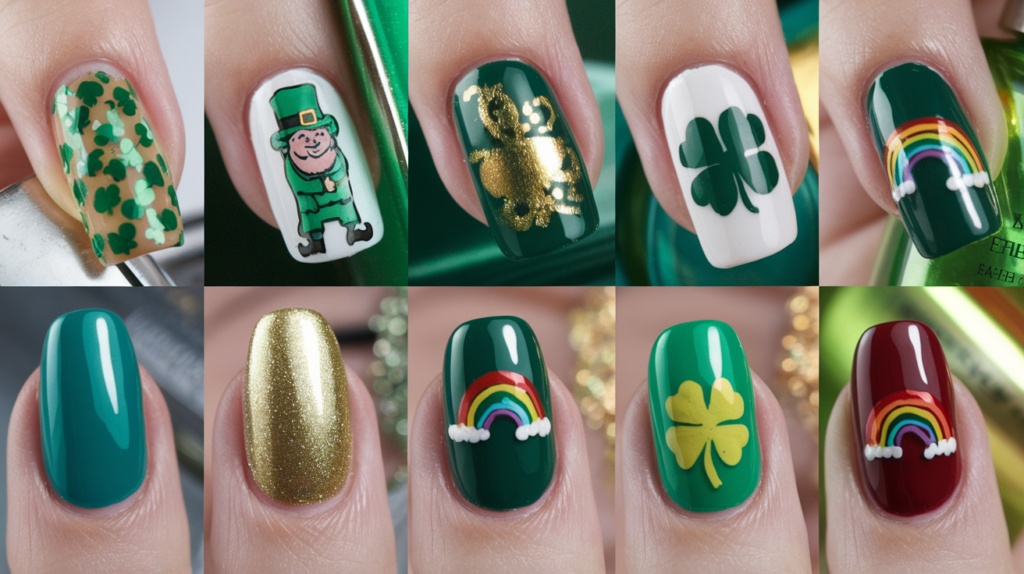 A photo of 10 stunning nail art ideas for St. Patrick's Day. Each nail has a unique design, such as a leprechaun, a shamrock, a pot of gold, and a rainbow. The nails are painted in various shades of green, gold, and red.