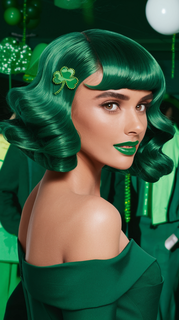 A medium shot of a woman with a green Irish wave cut hairstyle. She has soft, bouncy curls and her hair is dyed a vibrant shade of green. She is wearing a green dress and has a clover clip in her hair. The background is a blurred image of a St. Patrick's Day celebration with green decorations and people wearing green.