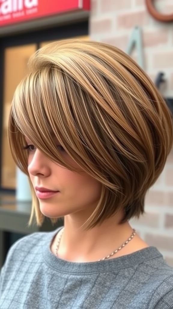 A woman with a stacked bob haircut that adds volume, showcasing layers and side-swept bangs.