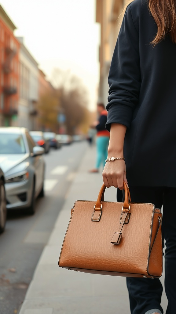 Woman holding a stylish brown handbag while walking down the street.