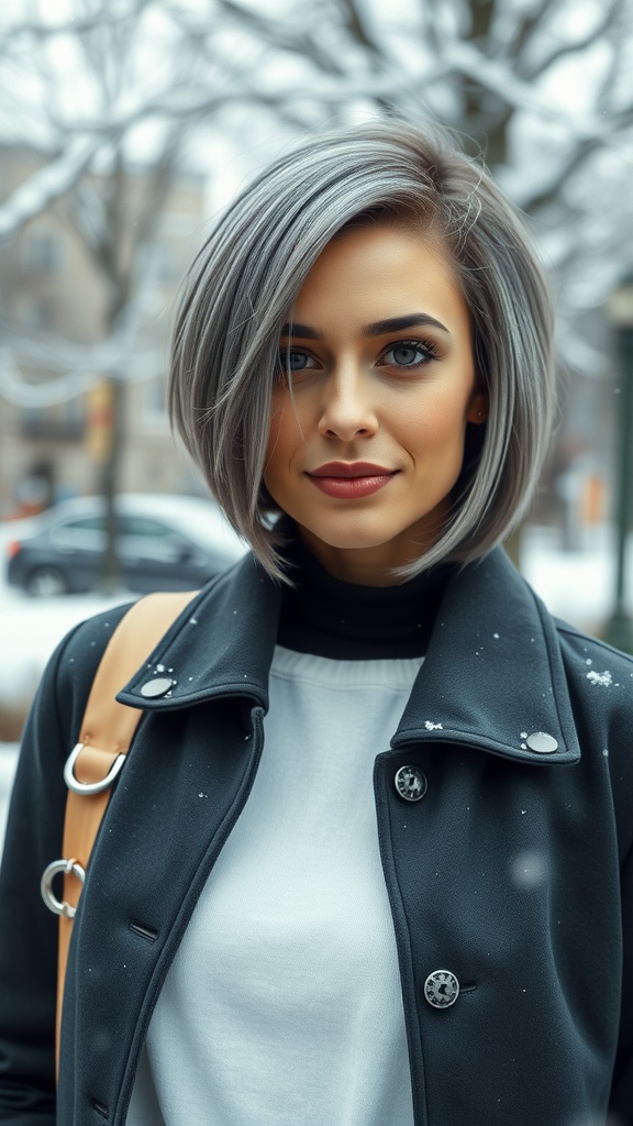 A woman with steel grey hair wearing a black coat, standing outside in a snowy setting.