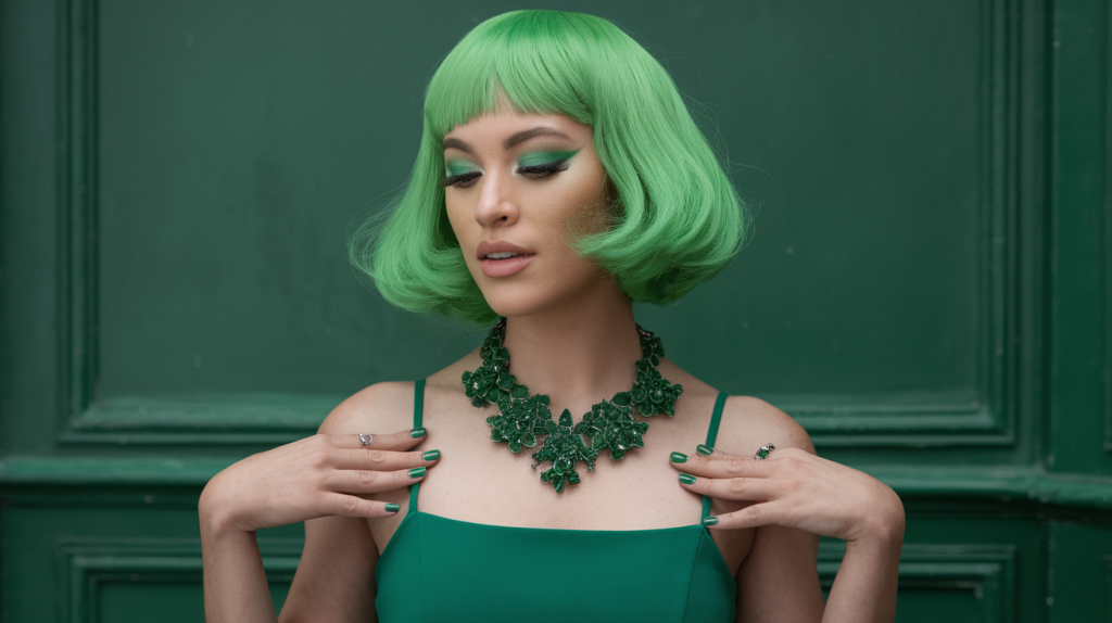 A photo of a woman with a green hairstyle. The woman is wearing a green dress and a green necklace. She has green eyeshadow and green nail polish. The background is a green wall.