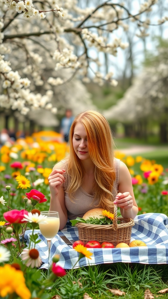 A woman with strawberry blonde hair enjoying a picnic in a flower garden.