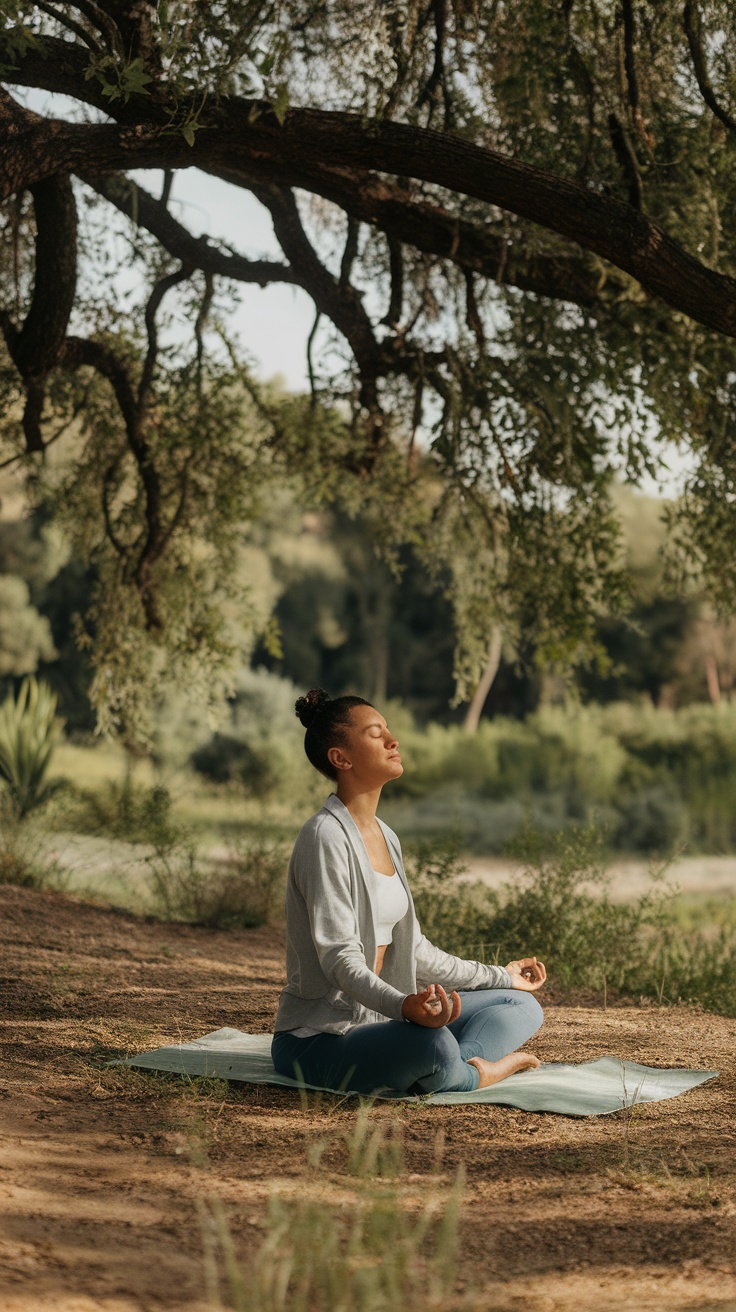 A person meditating outdoors under a large tree, promoting relaxation and stress management.