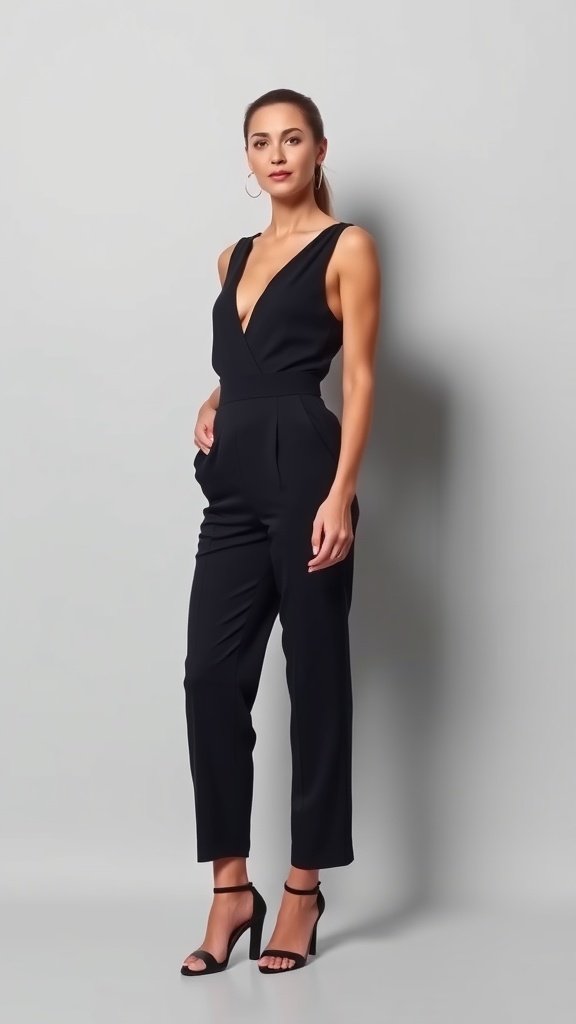 A woman wearing a black jumpsuit and high heels, exuding effortless elegance.