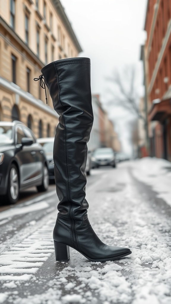 A stylish knee-high black leather boot on a snowy street, highlighting its sleek design and block heel.