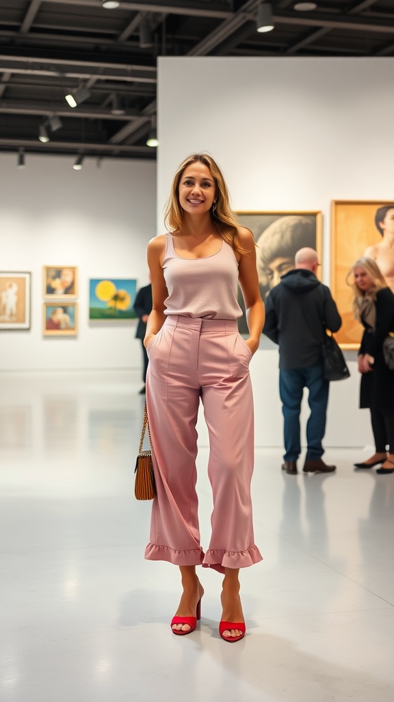 A woman smiling in stylish pink culottes and a simple top, standing in an art gallery.