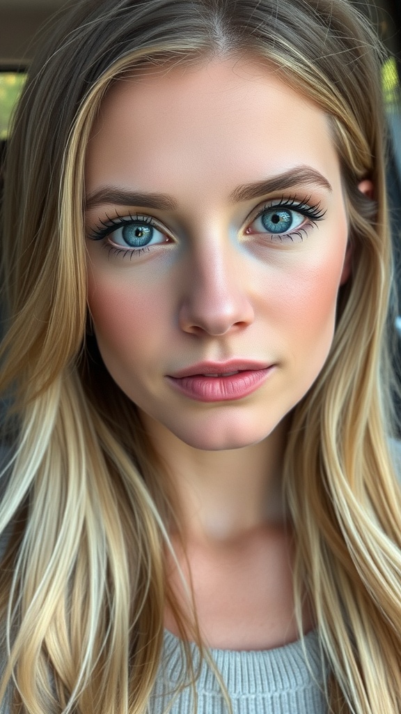 A close-up of a woman with blue eyes and blonde hair, showcasing subtle makeup with soft brown tones.