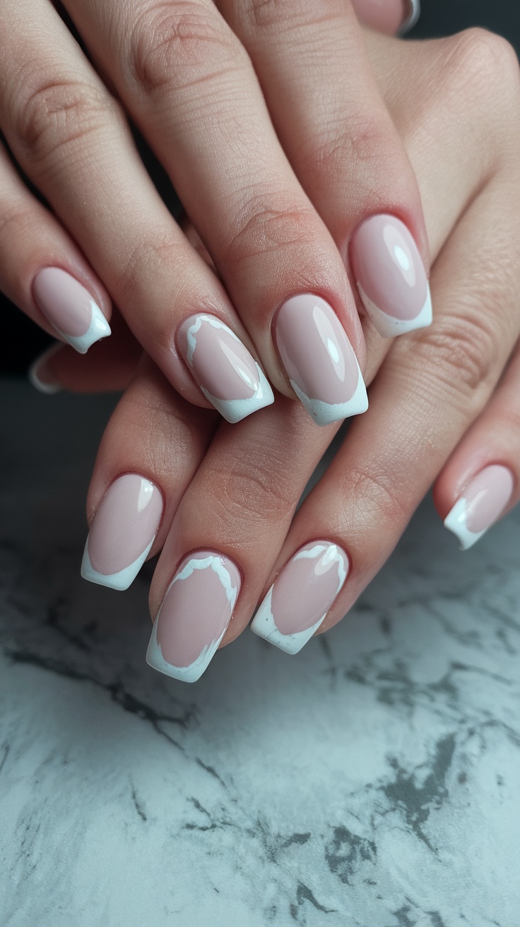 Close-up of hands with subtle French tip nails featuring a twist of color.