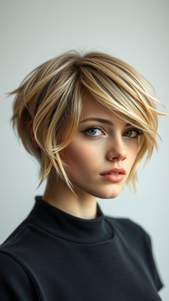 A woman with short hair featuring subtle honey blonde streaks, looking stylish and elegant.