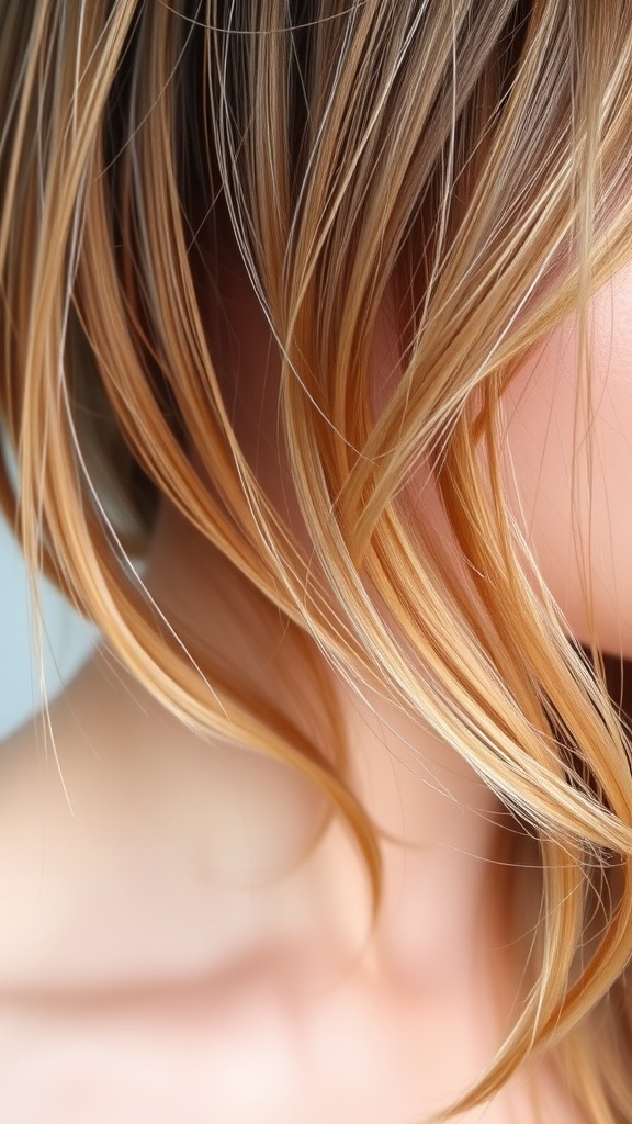 A close-up of hair with subtle rose gold highlights, showcasing a blend of warm tones.