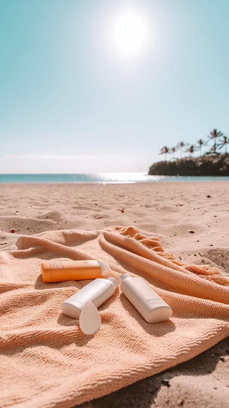 Sunscreen bottles on a towel at the beach with the sun shining bright.