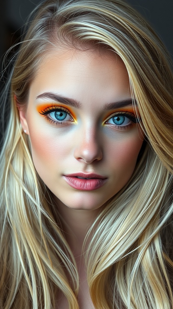 A woman with blue eyes and blonde hair showcasing sunset-inspired eye makeup with orange and yellow shades.