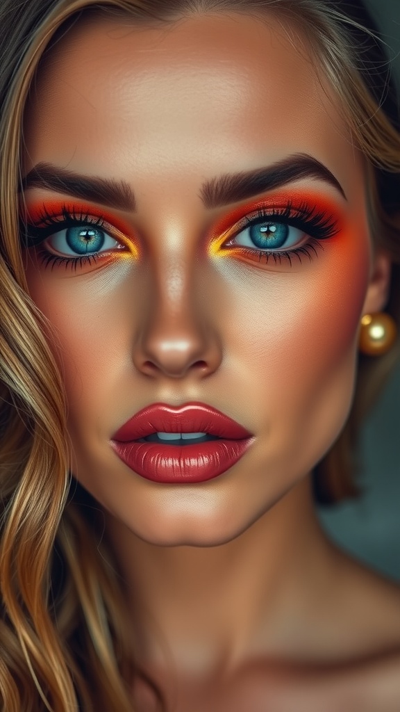 A close-up portrait of a woman with blue eyes wearing sunset-inspired eye shadow