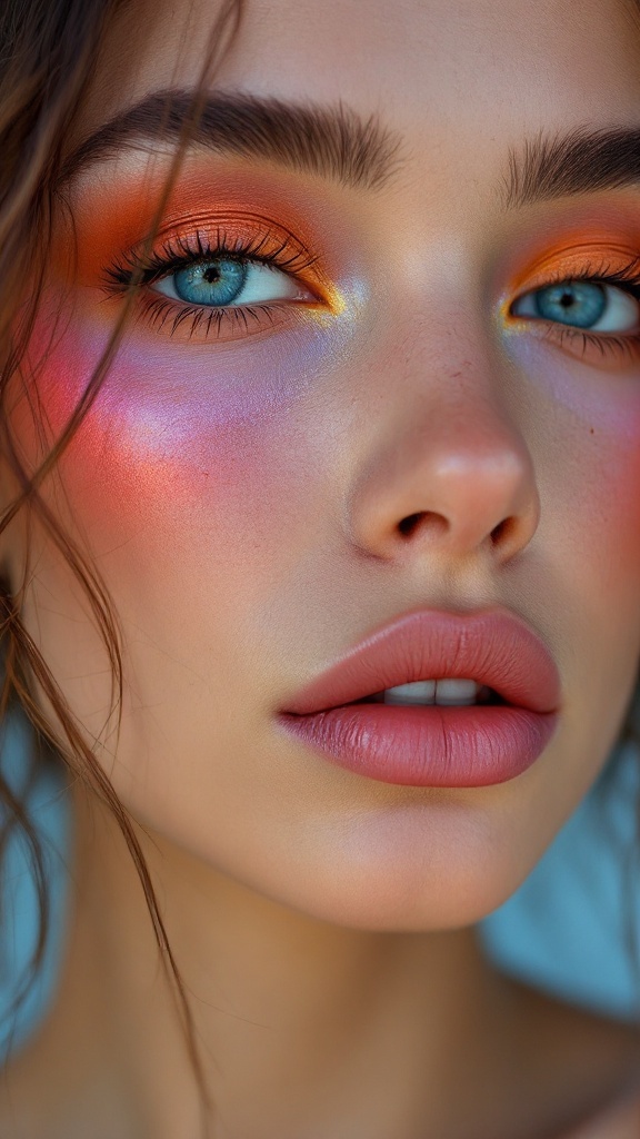 Close-up of a woman with blue eyes and sunset-inspired makeup featuring orange and pink tones.