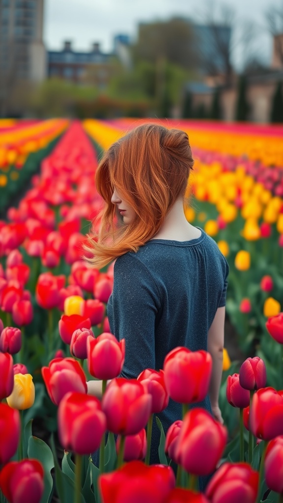 A woman with sunset red half-up hairstyle standing in a field of tulips.