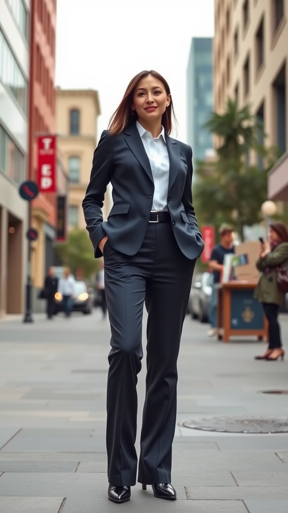 A woman wearing a tailored blazer in a city setting.