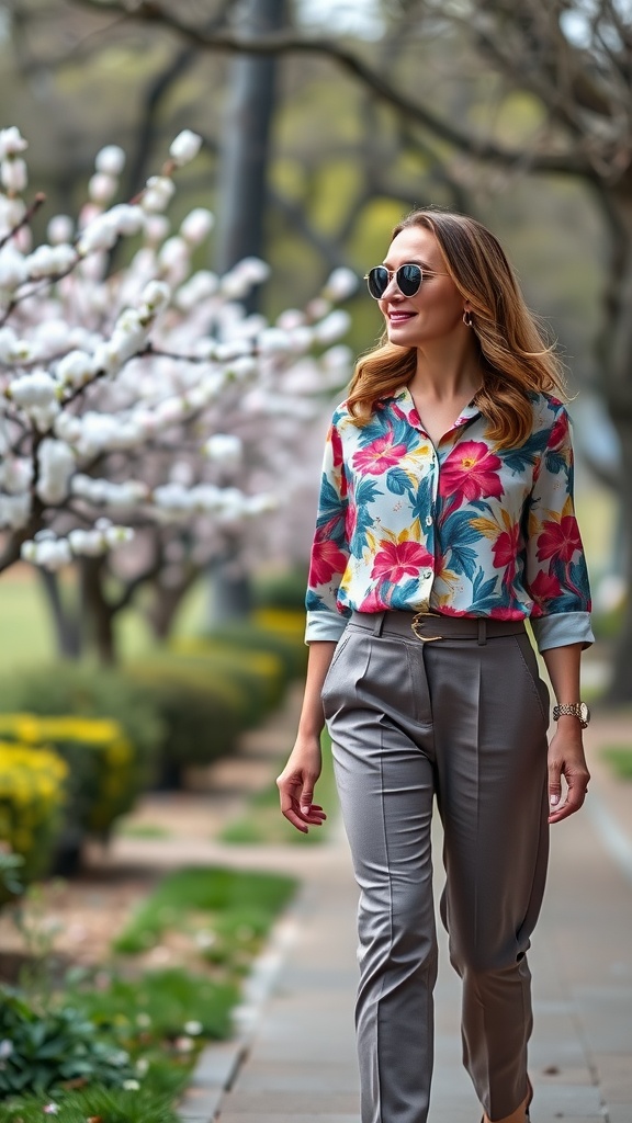 A woman walking in a park wearing tailored trousers and a floral blouse, surrounded by blooming flowers.