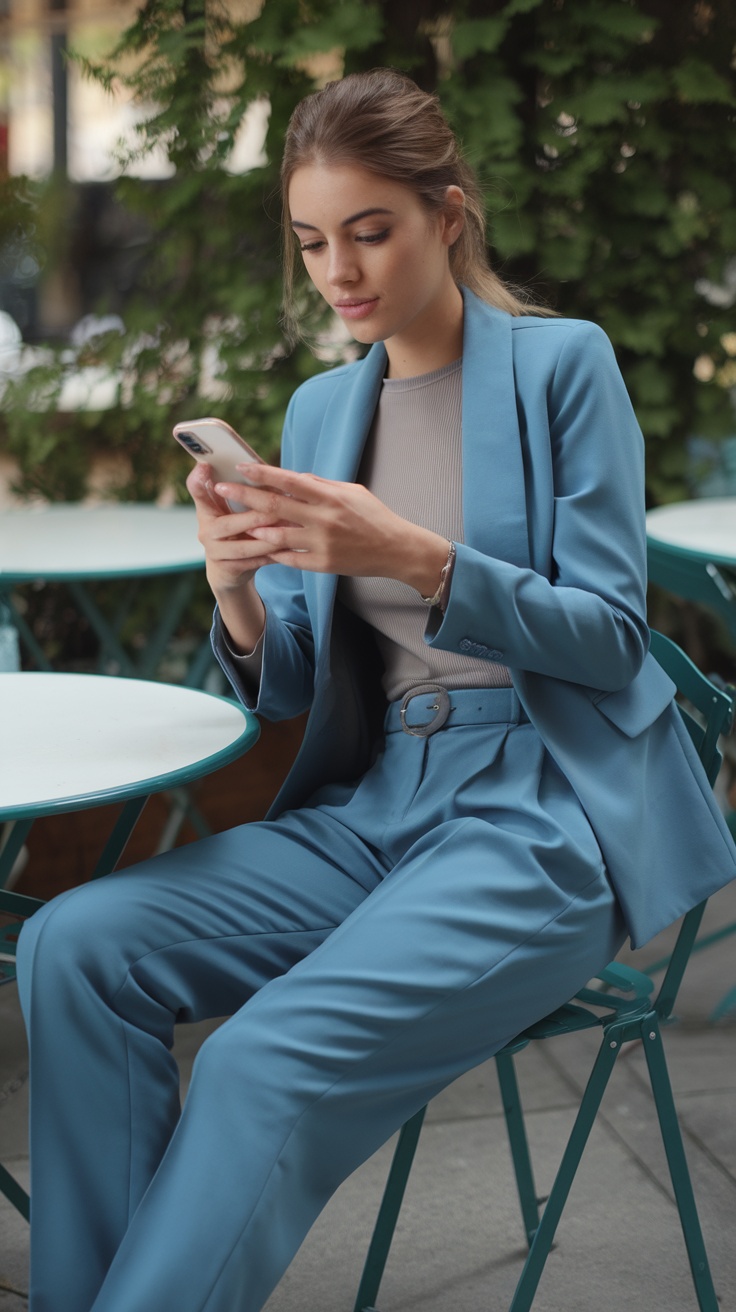 A woman in a light blue tailored suit with casual top, sitting at a café and using her phone.