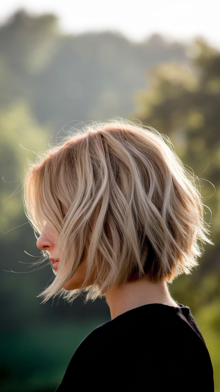 A woman with a textured bob hairstyle featuring beach waves, highlighting natural curls.