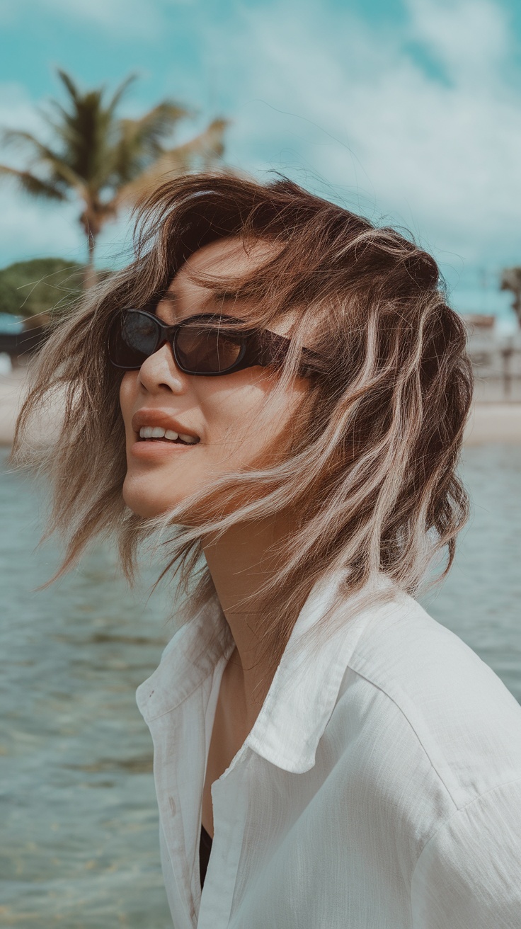 Asian woman with a textured lob hairstyle and beachy waves, wearing sunglasses and a white shirt, smiling by the water.