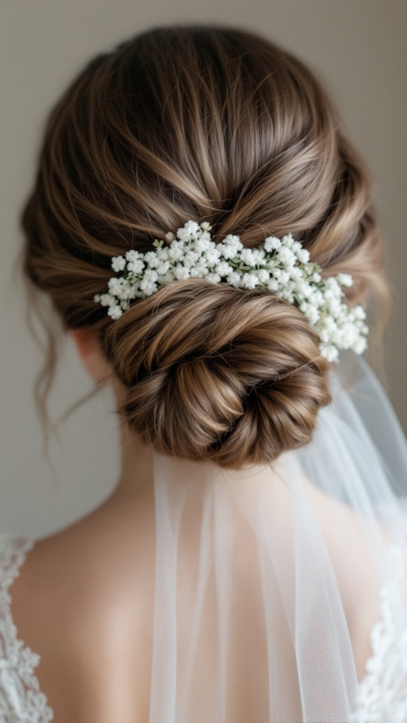 A close-up of a textured low bun hairstyle adorned with small white flowers and a lace veil.