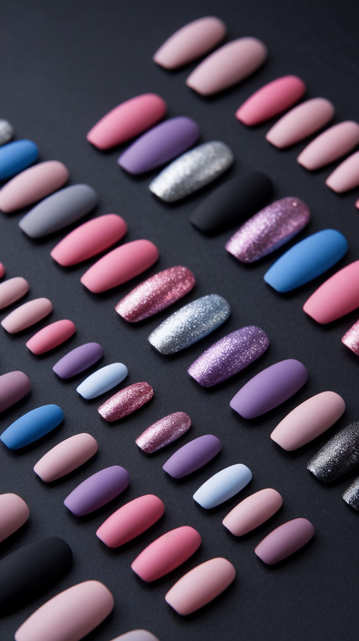 An assortment of nails showcasing various textured matte finishes in different colors.