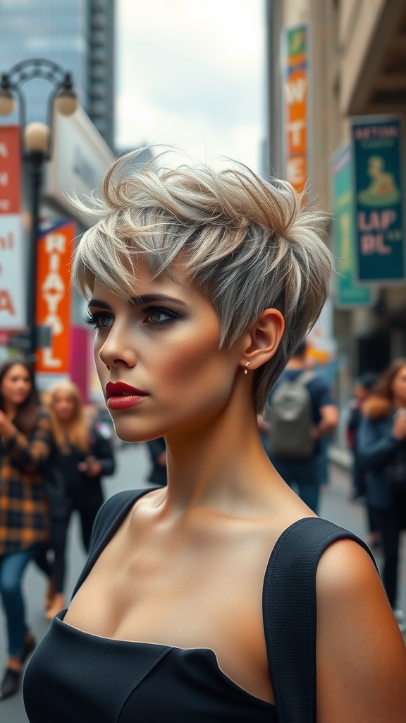 A woman with a textured pixie cut styled for a date night