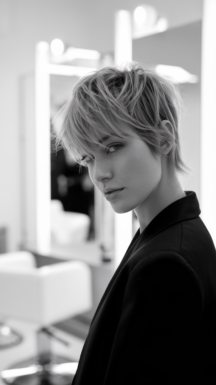 A woman with a textured pixie cut and wispy bangs, showcasing a modern hairstyle.