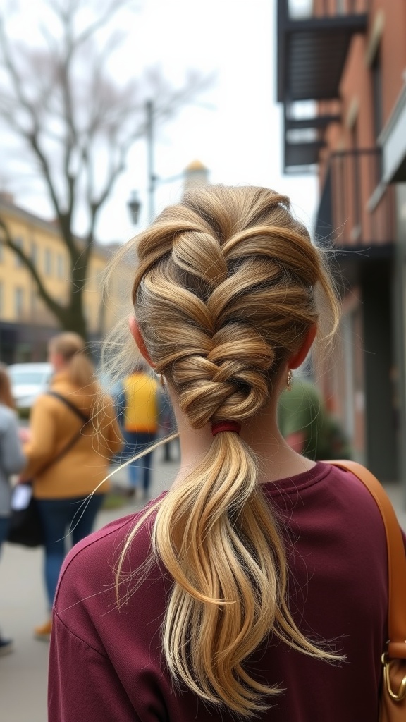 A woman with a textured ponytail walking down the street, showcasing a blend of braids and loose waves.