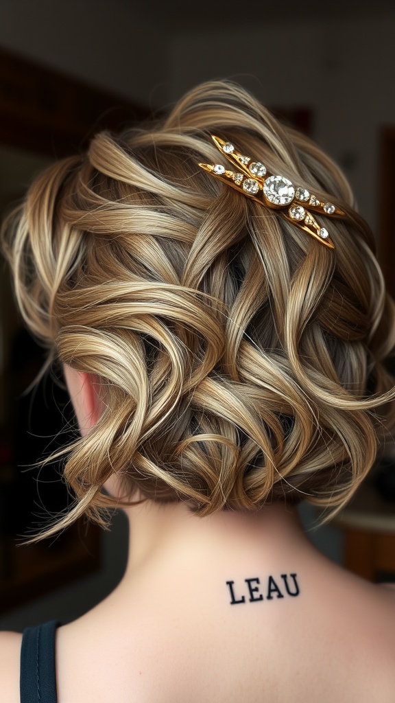 Close-up of short hair styled in textured waves with a golden hairpin accent