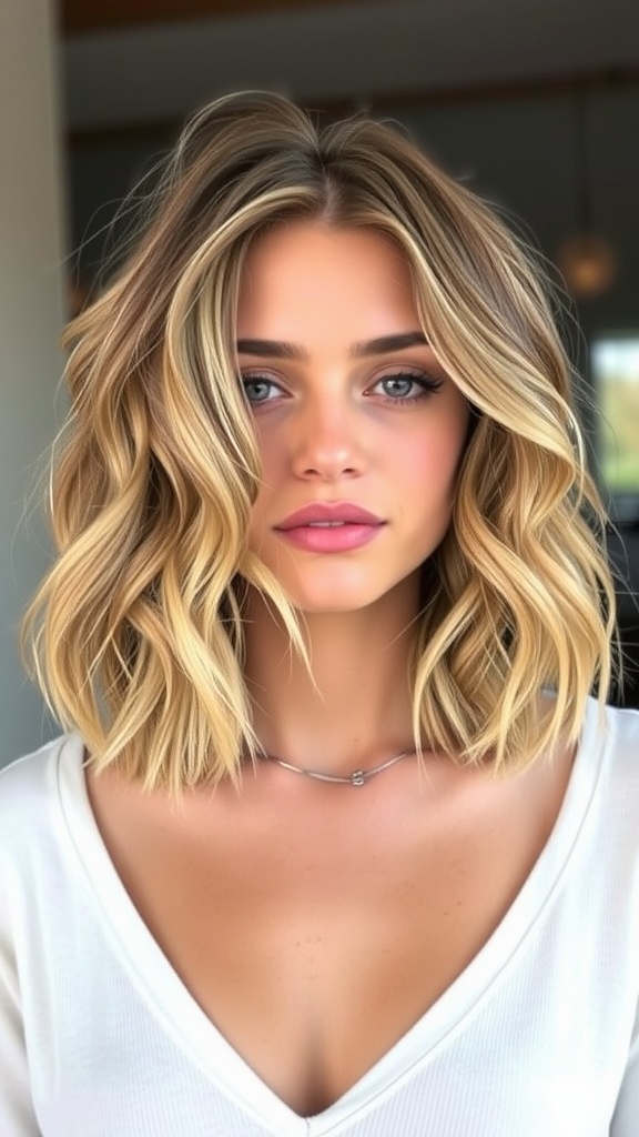 A woman with a textured wavy bob hairstyle, featuring soft waves and layered hair