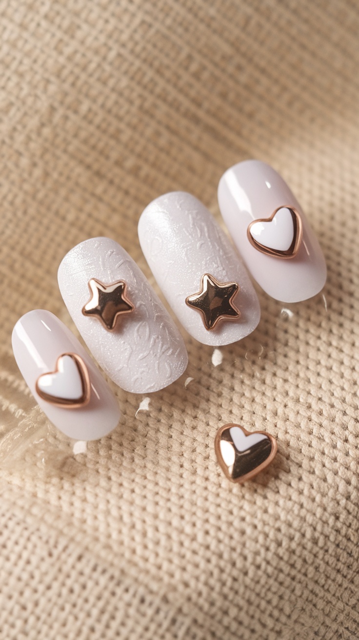 Textured white nails with 3D heart and star elements on a neutral background.