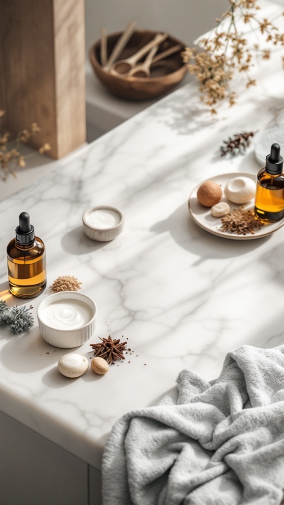 Various hair care products and natural ingredients arranged on a marble surface.