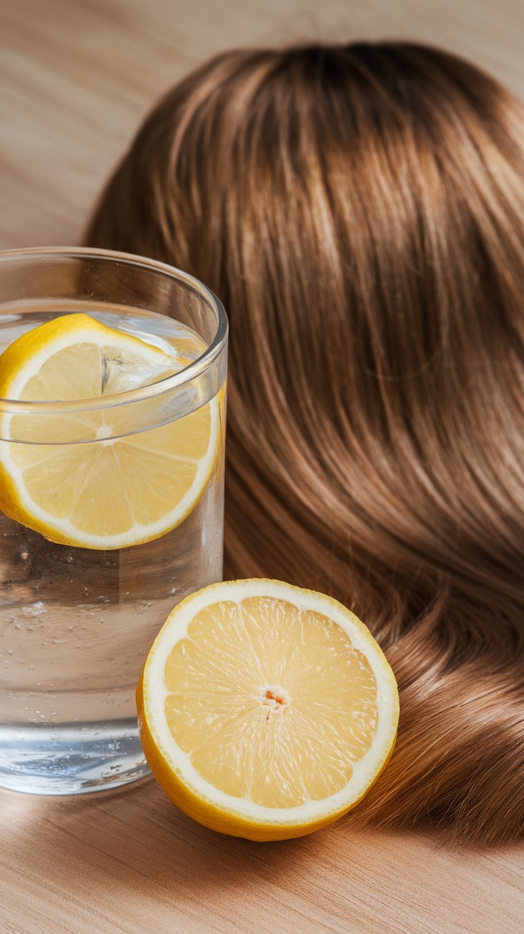 A glass of water with lemon slices next to a strand of hair on a wooden surface.