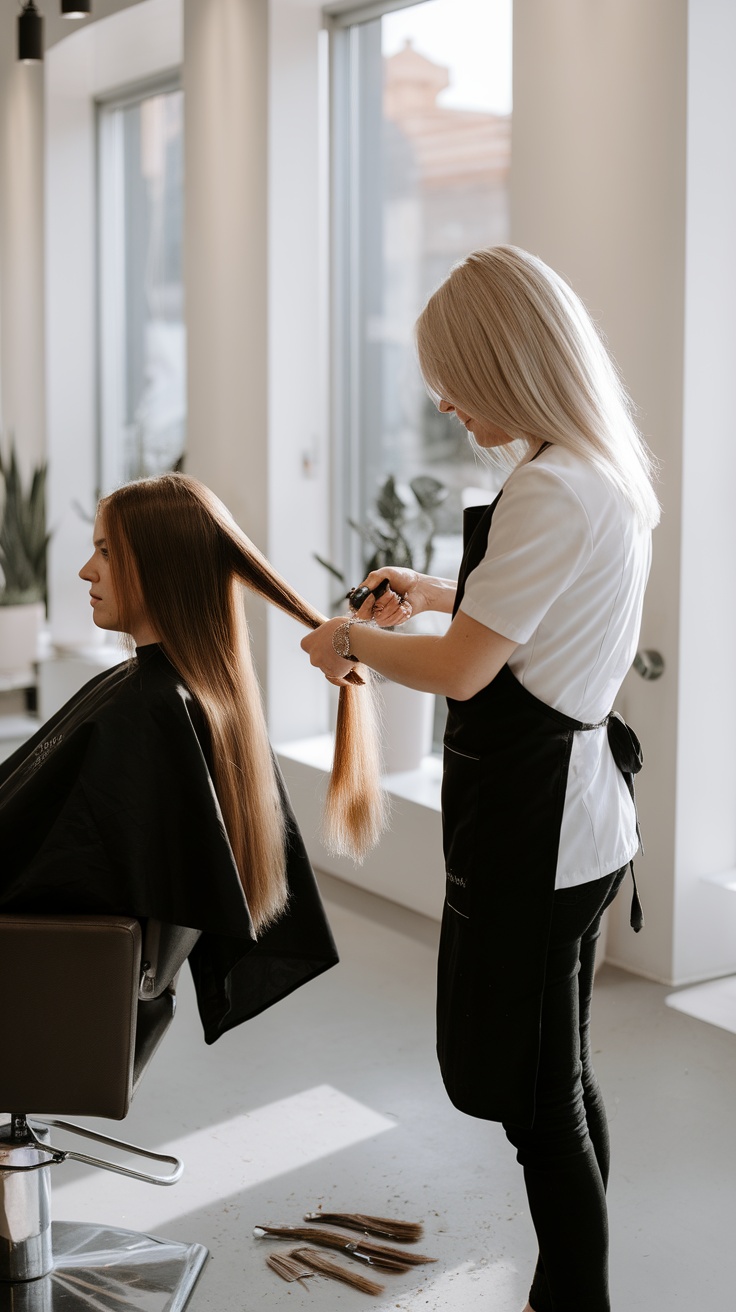 A stylist trimming long hair in a salon.