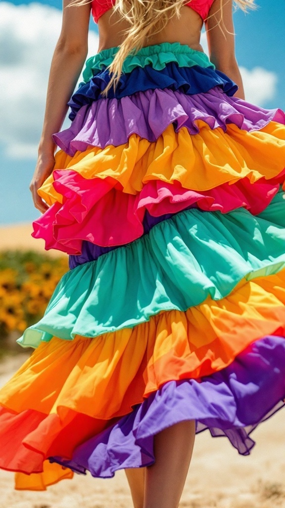 Colorful tiered ruffled skirt with vibrant layers