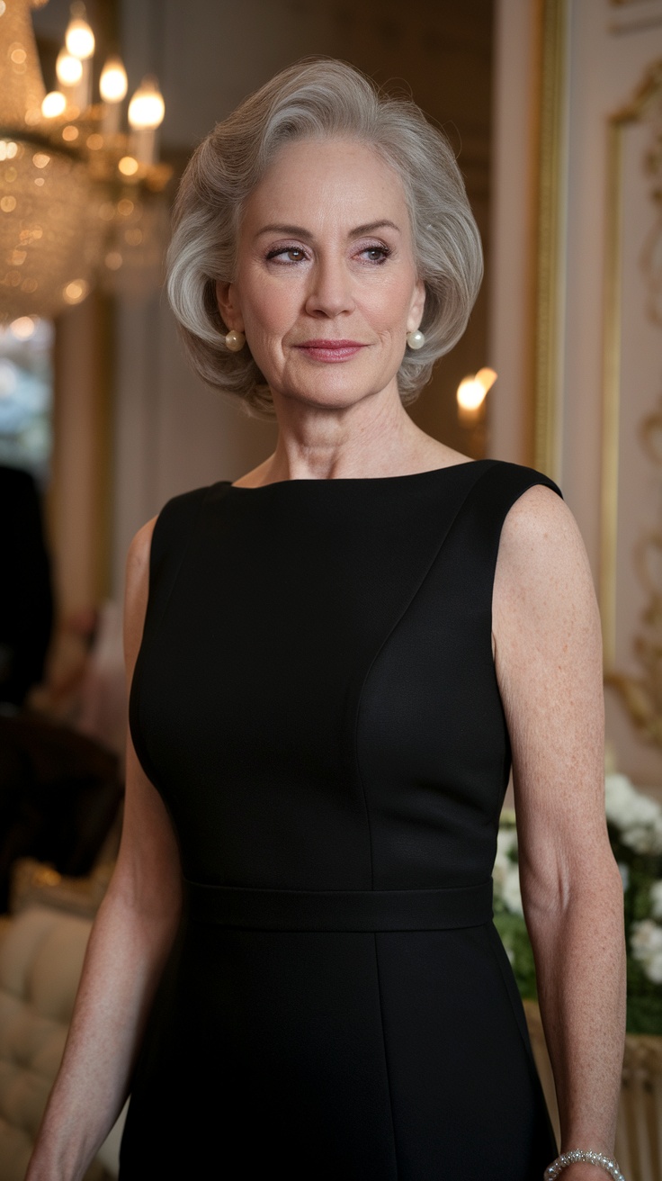 A woman in a timeless black dress with elegant accessories, showcasing a stylish look.