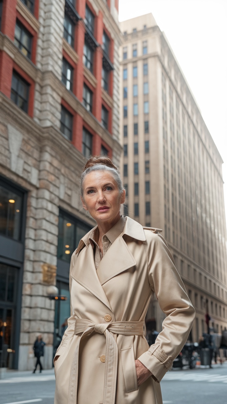 A woman wearing a stylish beige trench coat standing on a city street.