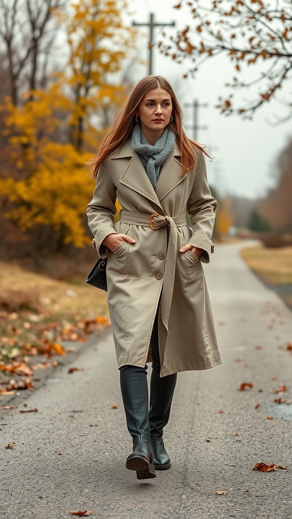 A woman wearing a beige trench coat and knee-high boots, walking down a tree-lined road in autumn.