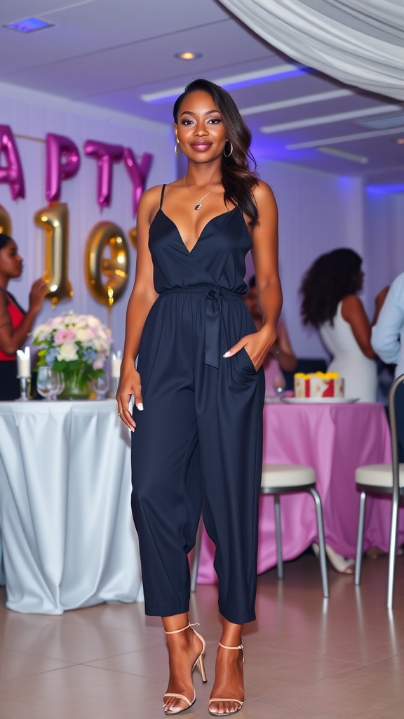 A woman wearing a trendy navy jumpsuit at a birthday party