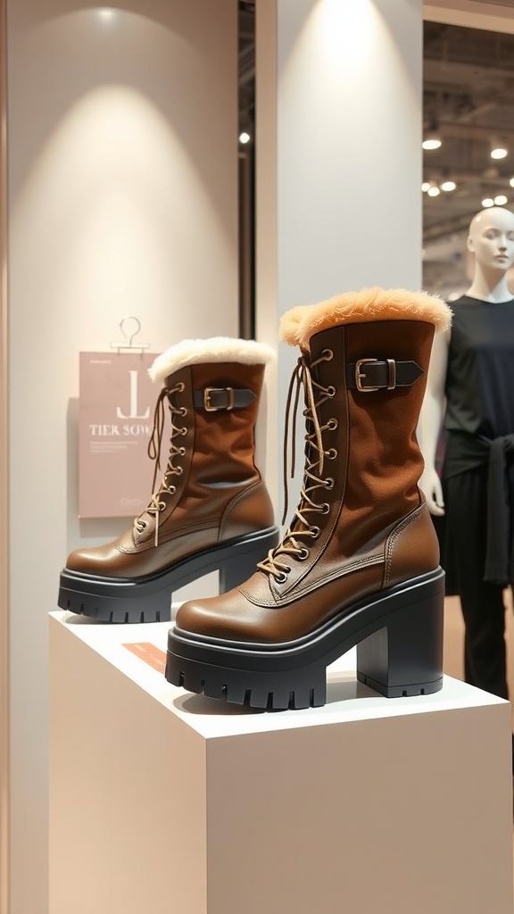 A pair of trendy brown platform winter boots with faux fur lining displayed on a pedestal.