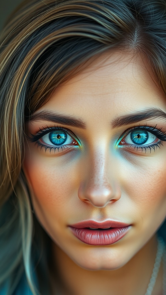 A close-up of a woman with striking blue eyes, featuring vibrant turquoise eyeshadow and neutral lip color.