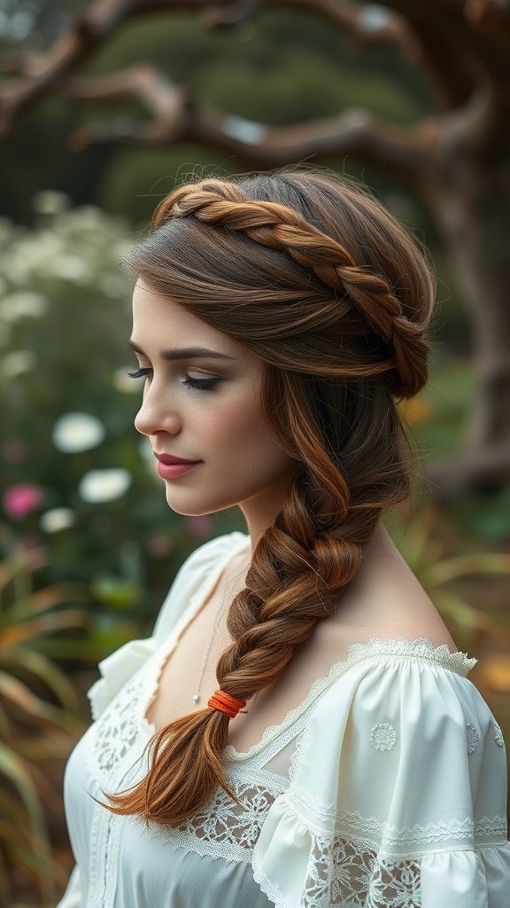 A woman with a twisted halo braid hairstyle, featuring loose waves and a serene expression.