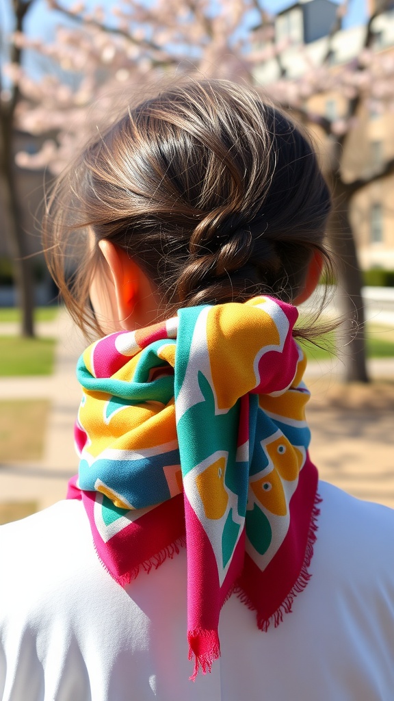 A woman with a twisted ponytail adorned with a colorful scarf, set against a backdrop of blooming cherry blossoms.