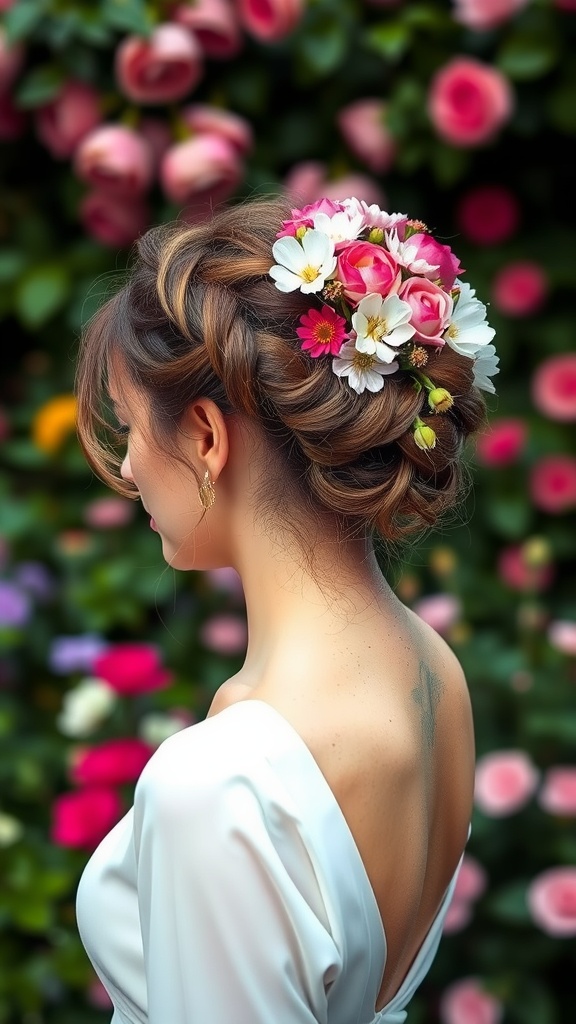 A woman with a twisted updo hairstyle decorated with flowers, set against a backdrop of blooming roses.