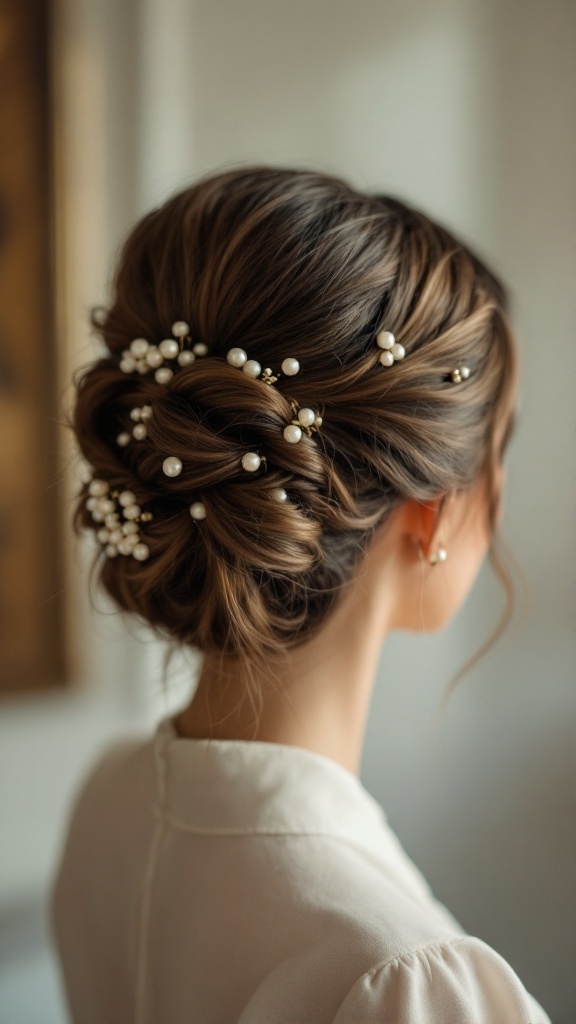 A woman with a twisted updo hairstyle adorned with pearl accessories