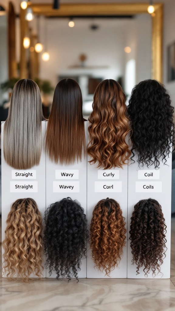 A display showing different hair types: straight, wavy, curly, coil, and coiled.